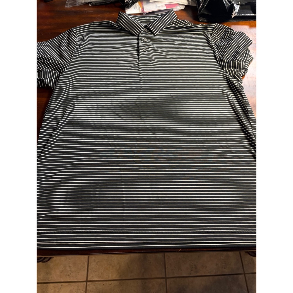 PGA Tour Mens Polo Shirt Large Black White Striped Short Sleeve Golf Top